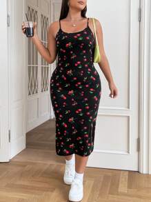 SHEIN CURVE+ Vestido De Tirantes Con Estampado De Cerezas Para Mujer De Talla Grande - Negro - Ver 6