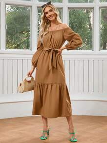 GENKIRA Solid Color Off-Shoulder Long Sleeve Dress - Brown - View 3