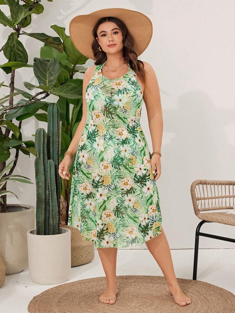 Plus Size Women's Tropical Plant Print Halter Neck Tie Bikini For Summer Beach Vacation