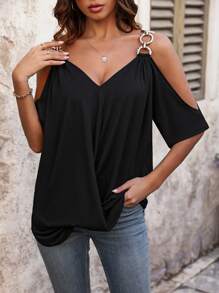 SHEIN LUNE Ladies Solid Color Open Shoulder T-Shirt - Black - View 3