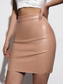 SHEIN Cottnline High Waist PU Leather Bodycon Skirt - Camel - View 4