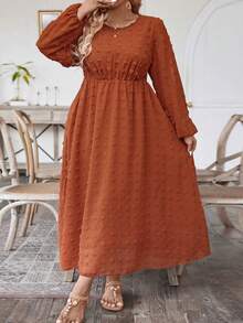 SHEIN Clasi Kích thước lớn Vòng cổ Tay áo lồng đèn Dệt hoa Đầm - trái cam - Xem 6