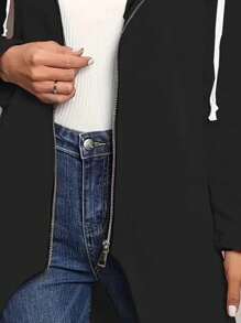 INAWLY 女士前拉链高低下摆外套，女士春秋休闲抽绳、口袋、拉链常规袖连帽常规版型黑色纯色女士外套，休闲日常穿着 - 黑色 - 查看 4