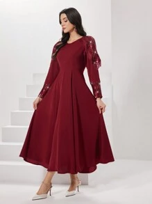 Modelyn Burgundy Red Women's Sparkly Long Sleeve Dress With Tassel Detailing - Burgundy - View 6