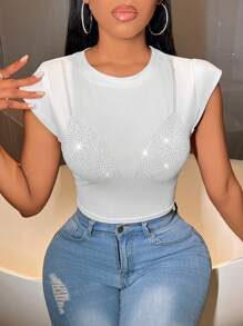 VaVaBold Women's Solid Color Rhinestone Decor T-Shirt - White - View 5