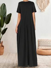 Women's Solid Color Round Neck Short Sleeve Casual Side Pockets Long Dress - Black - View 2