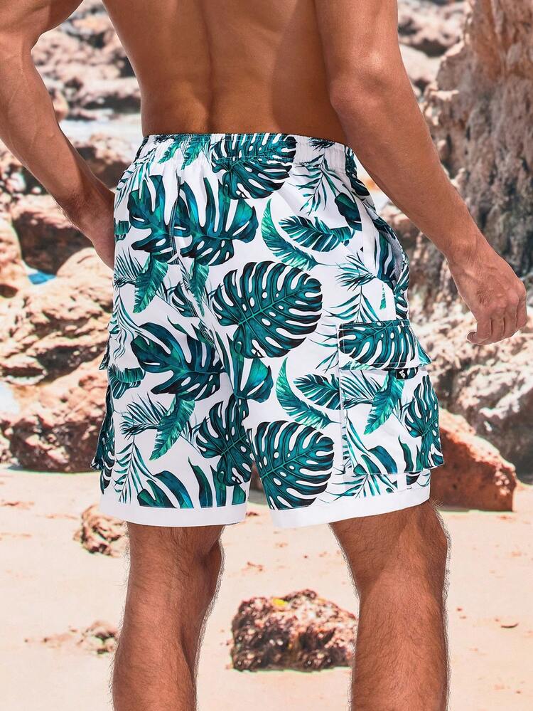 Men’S Tropical Print Drawstring Waist Beach Shorts