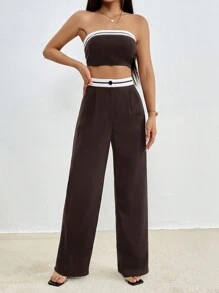 SHEIN Essnce Conjunto De Pantalón Y Top Corto Con Hombros Descubiertos Y Bloques De Color Con Detalle Decorativo - Café integral - Ver 3