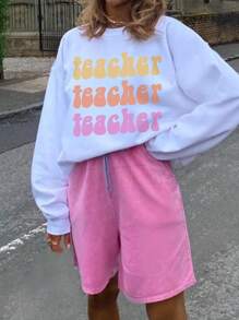 字母圖案落肩袖超大套頭衫 - 白色 - 查看 1