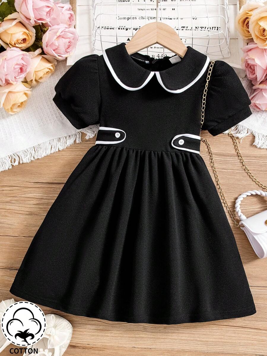 SHEIN 年轻女孩拼色彼得潘领泡泡袖连衣裙 - 黑色 - 查看 1