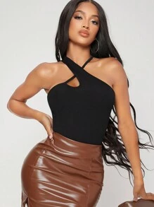 SHEIN SXY Wrap Cross Cut-out Rib-knit Top - Black - View 1