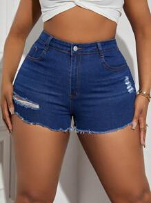 SHEIN SXY Ripped Frayed Hem Denim Hot Shorts - Blue - View 2