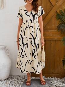 EMERY ROSE Vestido Largo Acampanado Casual De Mujer Para Primavera Con Cuello En V, Estampado Floral Y De Rayas