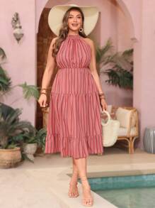 SHEIN VCAY فستان بحمالة العنق المتقاطعة ذو الأحجام الكبيرة و الخطوط الرأسية ، بتصميم عصري واسع و مفتوح في الظهر و الصدر الأمامي - متعدد الألوان - مشاهدة 5