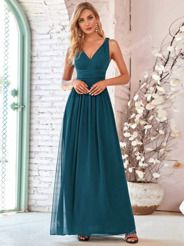 Elegante vestido de dama de honor de gasa azul verdoso con cuello en V sin mangas, drapeado maxi formal para invitados de boda