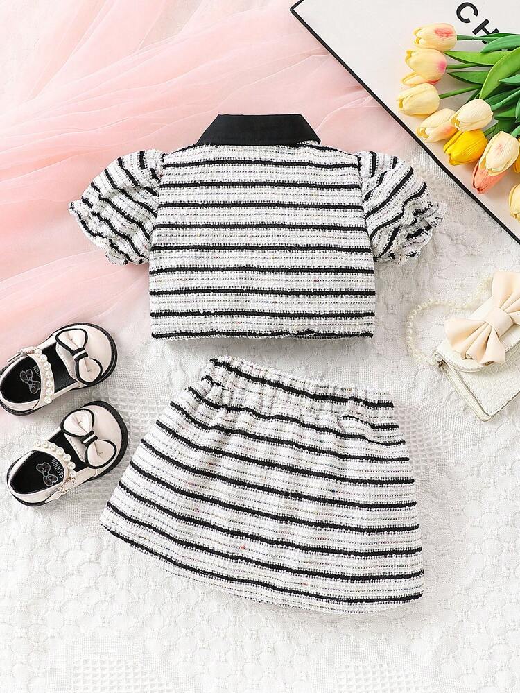 2pcs Baby Girl Elegant Textured Stripe Summer Outfit Set