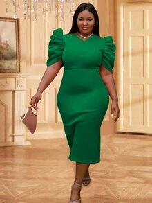 Plus Gigot Sleeve Bodycon Dress Party Dress Wedding Guest Dress - Green - View 7