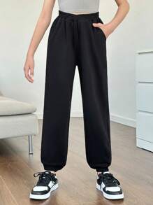 SHEIN Cô gái Tween Dệt kim Màu thuần Lỏng lẻo phù hợp Giải trí Quần Chạy bộ Với dây rút Hem - màu đen - Xem 1