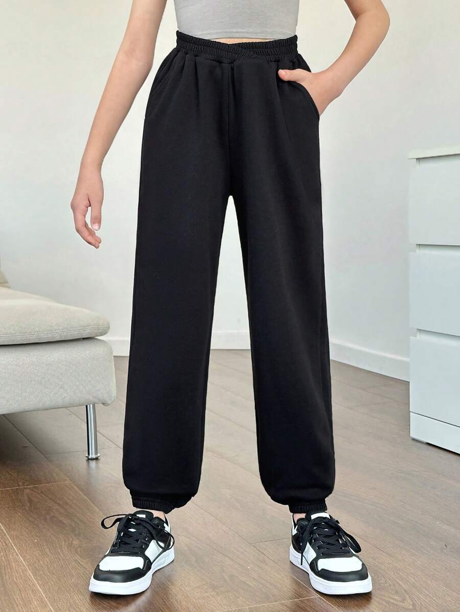 SHEIN Cô gái Tween Dệt kim Màu thuần Lỏng lẻo phù hợp Giải trí Quần Chạy bộ Với dây rút Hem - màu đen - Xem 1