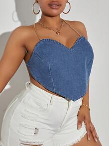 SHEIN SXY Plus Size Women's Denim Halter Neck Sexy Top - Medium Wash - View 5