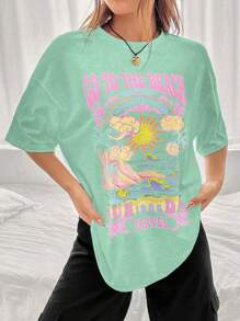 Muchica 女款冲浪波浪印花 T 恤，带标语 - 薄荷綠 - 查看 1