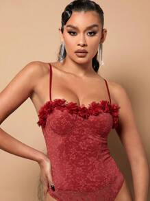 SHEIN Unity Floral Appliques Lace Cami Bodysuit - Burgundy - View 3