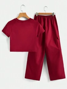 SHEIN EZwear Của phụ nữ In Khẩu hiệu Áo Và Quần Cargo Bộ - Đỏ - Xem 4