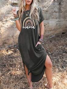 Của phụ nữ Hoa văn cầu vồng Tách Váy áo thun - màu đen - Xem 3