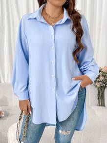 Calvaya Plus Size Button Up Casual Loose Fit Shirt - Baby Blue - View 3