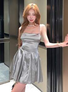 DAZY 女款純色交叉繫帶露背細肩帶連身裙 - 銀色 - 查看 8