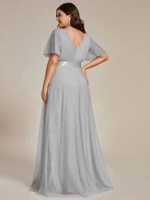 Plus Size Mesh Ruched Bodice High Waisted Bridesmaid Dress