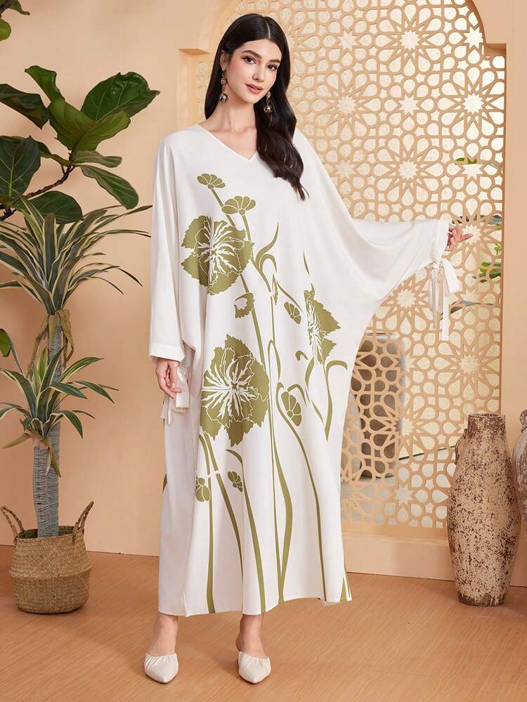 Women's Floral Print Batwing Sleeve Tie Belted Summer Kaftan Dress
