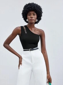 Maija Women's Zipper Detail One Shoulder Sleeveless Top,Autumn Outfits For Women - Black - View 8