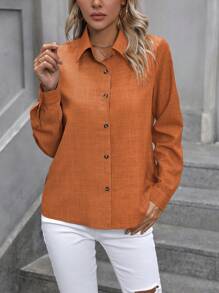 EMERY ROSE 女式纯色长袖衬衫、长袖上衣 - 橘色 - 查看 4