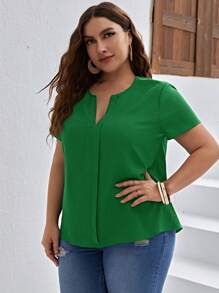 SHEIN Clasi Plus Size Notched Neck Short Sleeve Blouse - Green - View 3