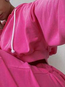 INAWLY 拉鏈開襟抽繩連帽衫和運動褲 - 粉色 - 查看 2