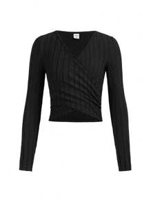 Tween Girls' Fashionable Street Style Solid Color Knit Wrap Top And Pants Set - Black - View 6