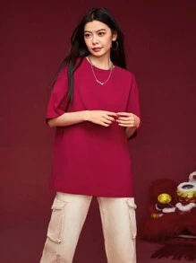 Manfinity Unisex T-shirt casual en tricot à manches courtes ample avec imprimé dragon pour hommes