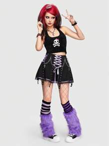 ROMWE Avant 女式骷髏印花針織露肩上衣,帶頸部帶子