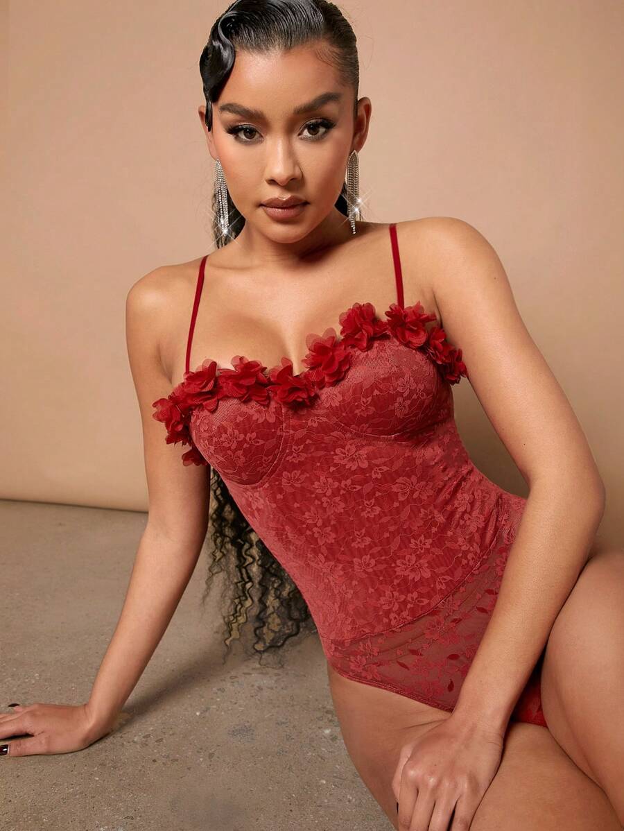 SHEIN Unity Floral Appliques Lace Cami Bodysuit - Burgundy - View 1