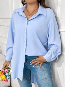 Calvaya Plus Size Button Up Casual Loose Fit Shirt - Baby Blue - View 5