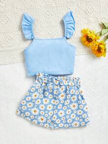 SHEIN 2入組少女針織背心和花卉印花短褲休閒套裝 - 淺藍色 - 查看 2