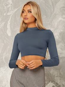 RueChic Mock Neck Solid Crop Tee - Grey - View 1