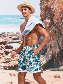 Surfspeed Men’S Tropical Print Drawstring Waist Beach Shorts - Green - View 3