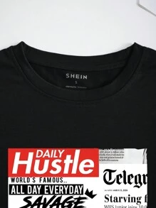 SHEIN 女士报纸印花圆领 T 恤图案 T 恤女士上衣 - 黑色 - 查看 6