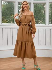 GENKIRA Solid Color Off-Shoulder Long Sleeve Dress - Brown - View 1