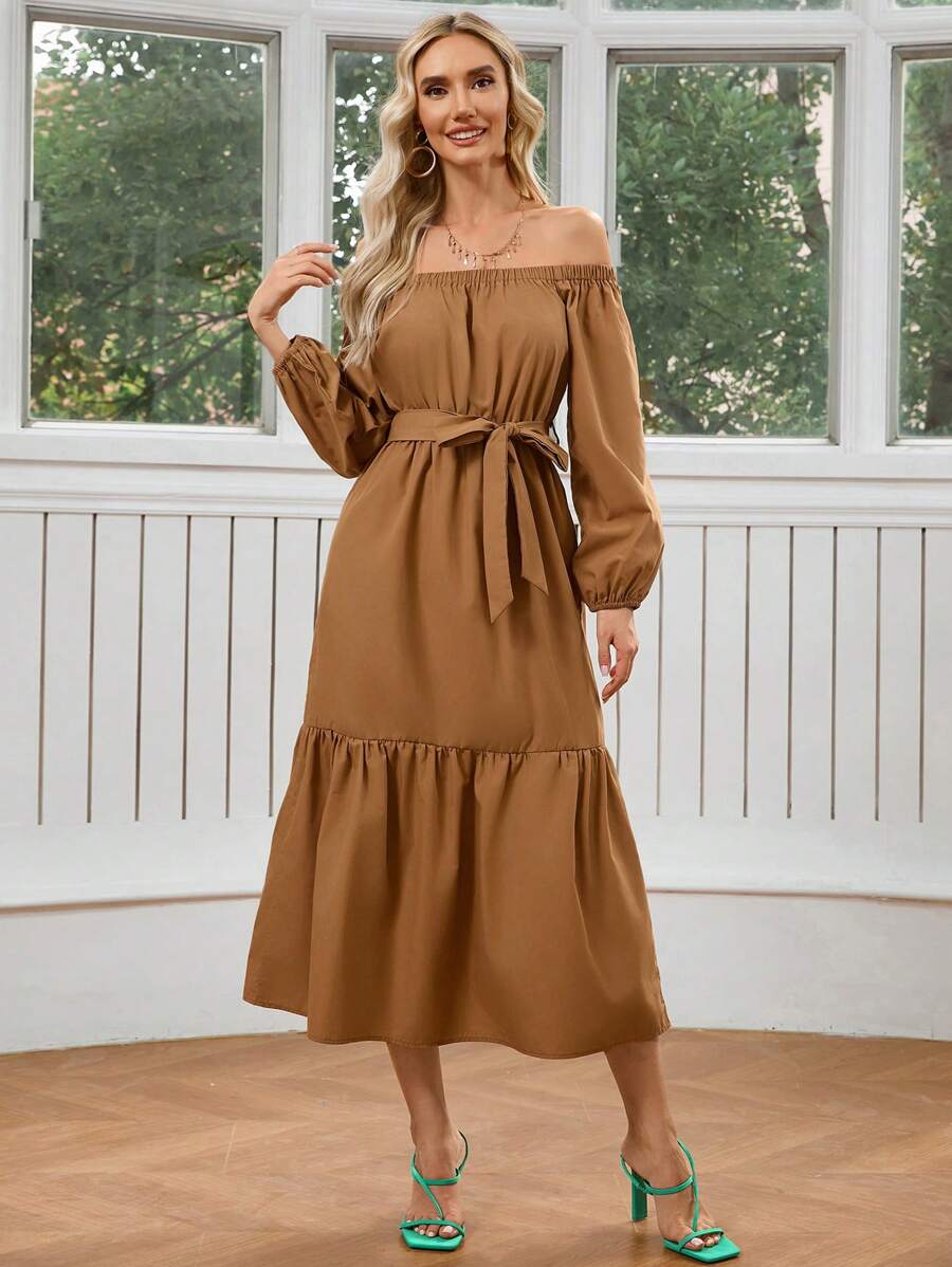 GENKIRA Solid Color Off-Shoulder Long Sleeve Dress - Brown - View 1