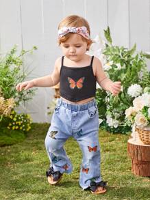 Áo kiểu Cami in hình bướm cho bé gái Y2k và quần ống loe denim co giãn - màu đen - Xem 4
