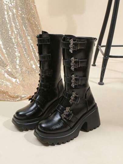 Grunge Punk Women's 2024 New Gothic & Dark Style Rivet Detail Wedge Heel Platform Mid-Calf Boots For Spring And Autumn Fall
