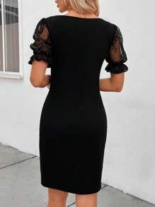 SHEIN Clasi Quý cô Ren Nối Ống tay áo Đầm Với Hình quạt Hem - màu đen - Xem 2